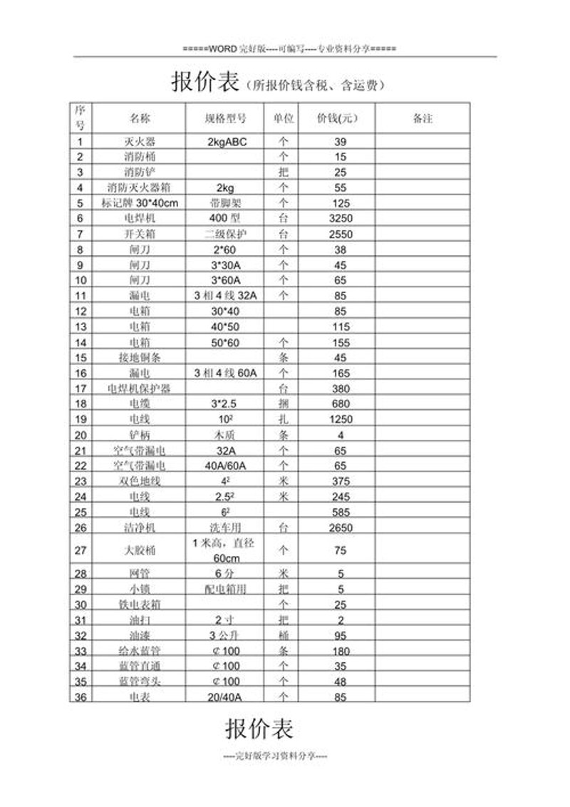 五金价格表